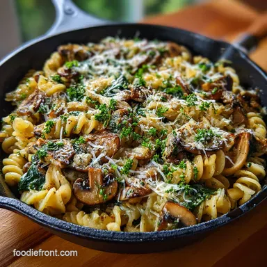 Parmesan Spinach Mushroom Pasta Skillet Recipe in 25 Minutes Recipe Card