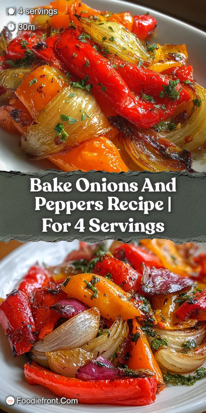 Close-up shows the blistered skin of colorful bell peppers and soft, browned onions; textures convey savory taste and juic...