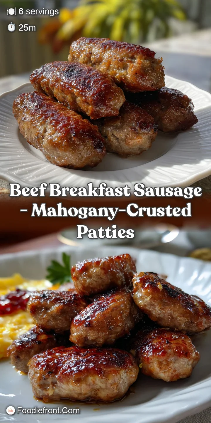 Close-up of a sizzling sausage patty; the dark, crispy crust contrasted against the juicy, light-colored interior, promisi...