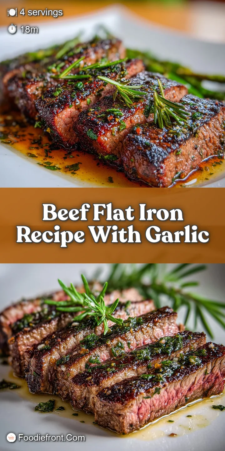 Close-up of tender beef with a rich garlic sauce. The glistening surface and fresh herbs invite a delicious first bite.