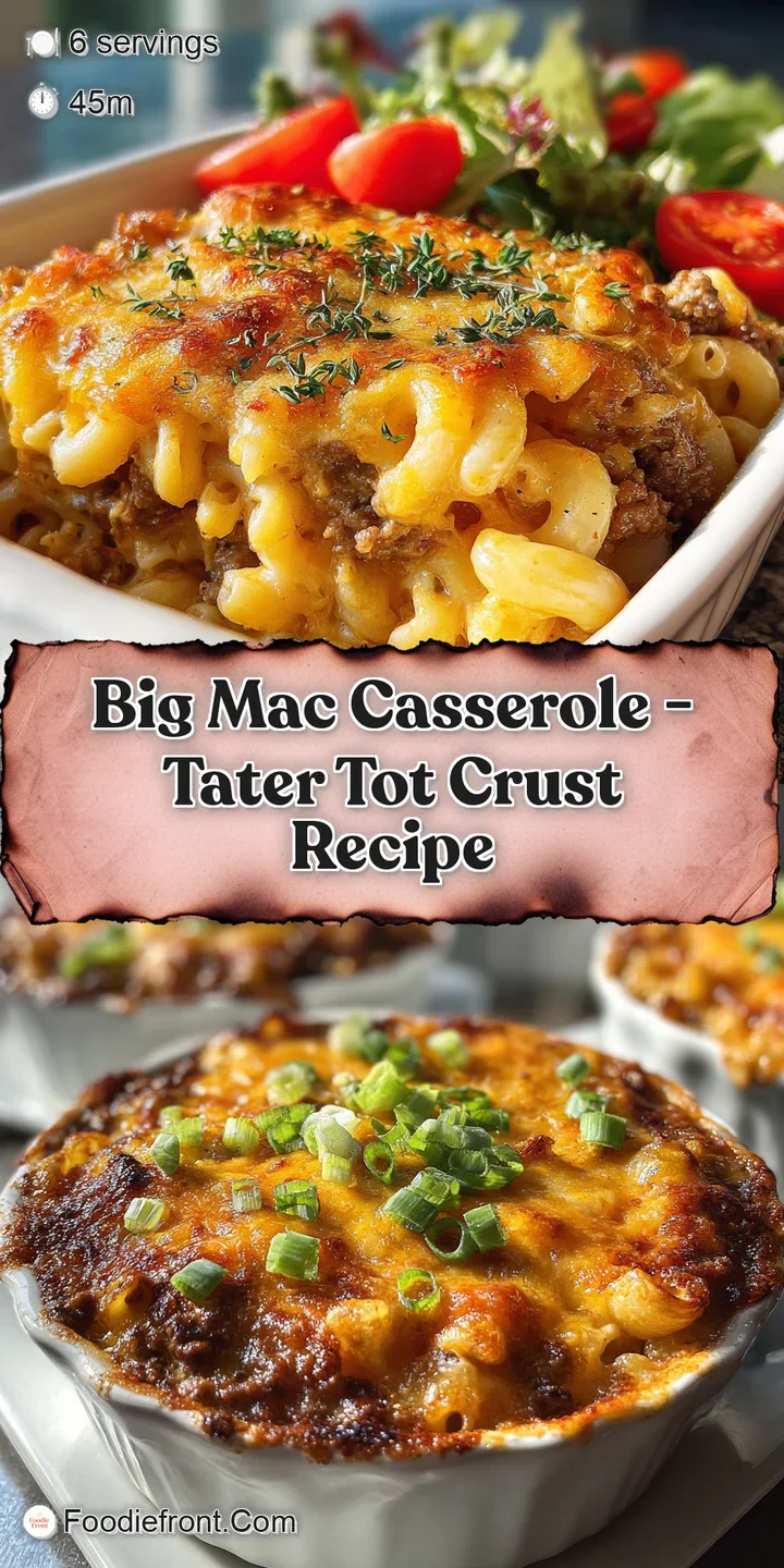 Close-up of a Big Mac casserole, featuring a gooey cheese pull, perfectly crisp tater tots, and a glimpse of the flavorful...