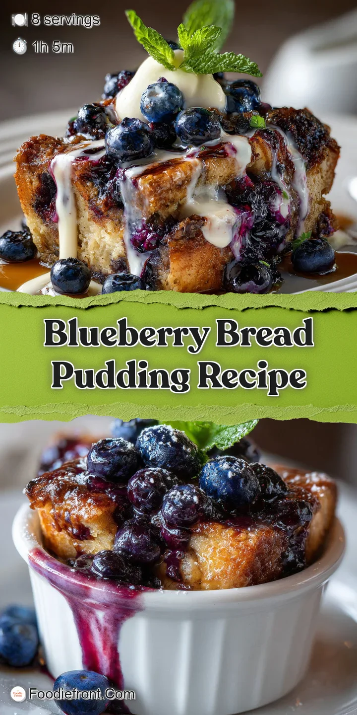 Close-up of creamy bread pudding: Soft, golden crust gives way to a custard interior dotted with juicy blueberries burstin...