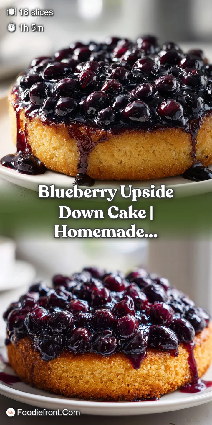 Close-up of glistening, juicy blueberries embedded in a golden caramelized crust with a soft, airy cake texture.