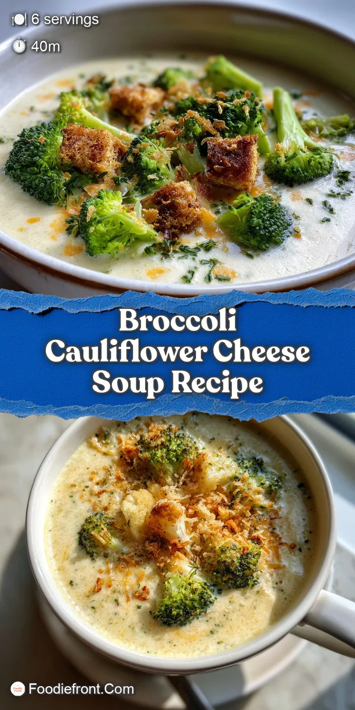 Close-up shot of bubbly, melted cheddar cheese on top of creamy broccoli and cauliflower soup. Comfort food perfection.