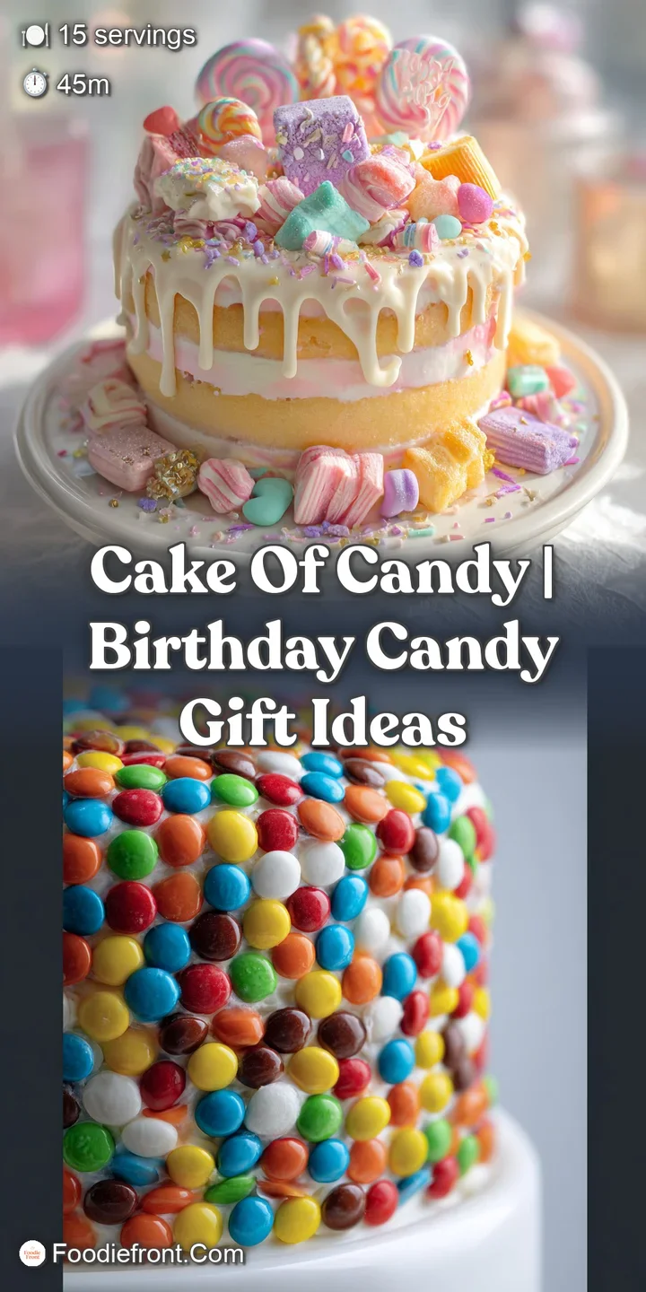 Close-up of candy cake with visible layers and textures. Hard candies and chocolates glisten, showing detail. A sweet expl...