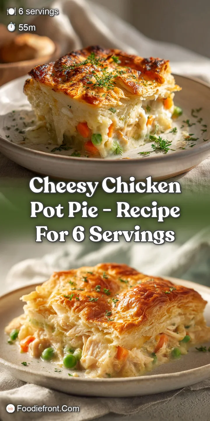 Close-up of a bubbly, cheesy chicken pot pie filling. Golden-brown crust edges and visible chunks of chicken and vegetables.