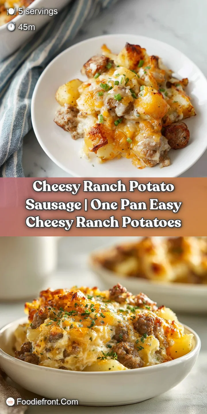 Close-up of bubbling, melted cheese clinging to perfectly roasted potato wedges and browned sausage chunks.