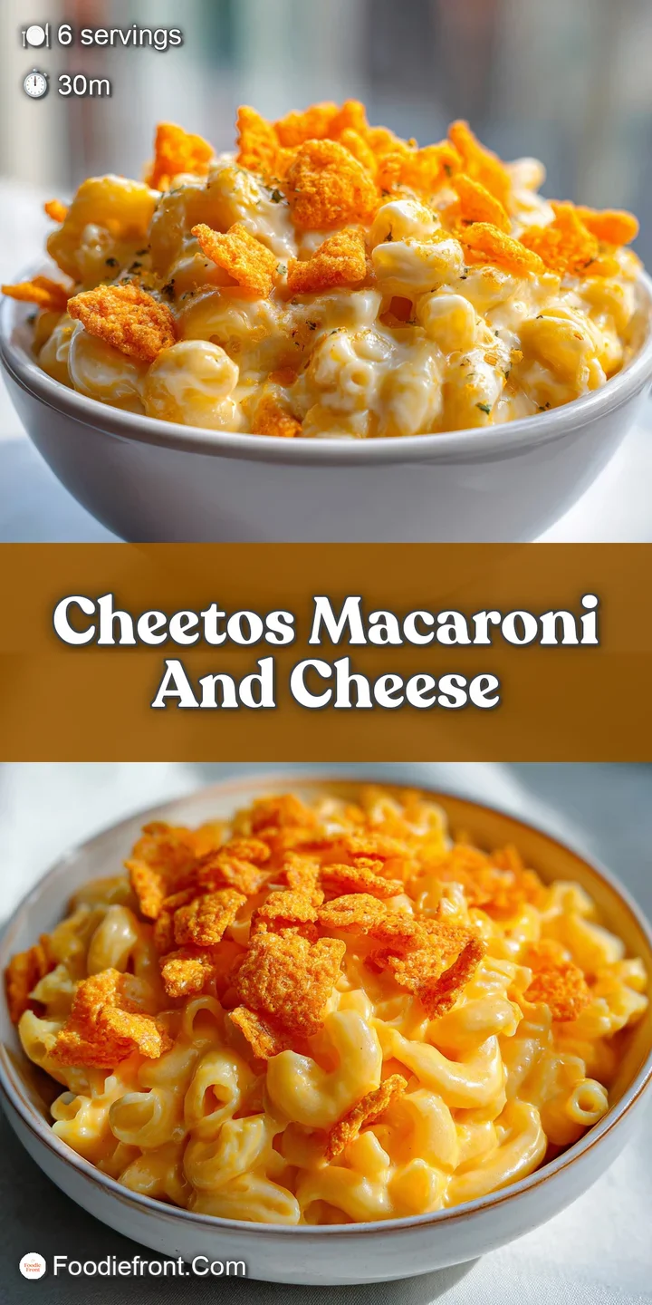 Close-up of creamy, cheesy macaroni with crushed Cheetos creating texture and intense orange color. A playful, delicious c...