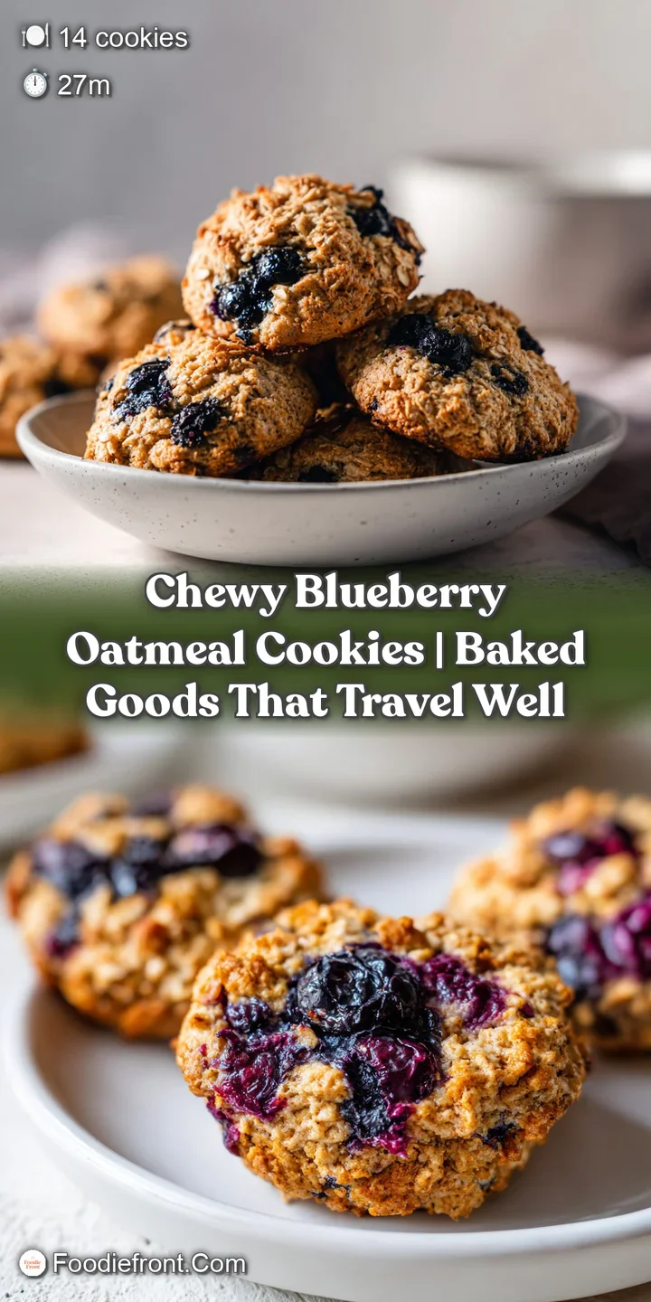 Extreme close-up of a soft cookie showing toasted oats and juicy, deep-blue berry pockets with a moist center.