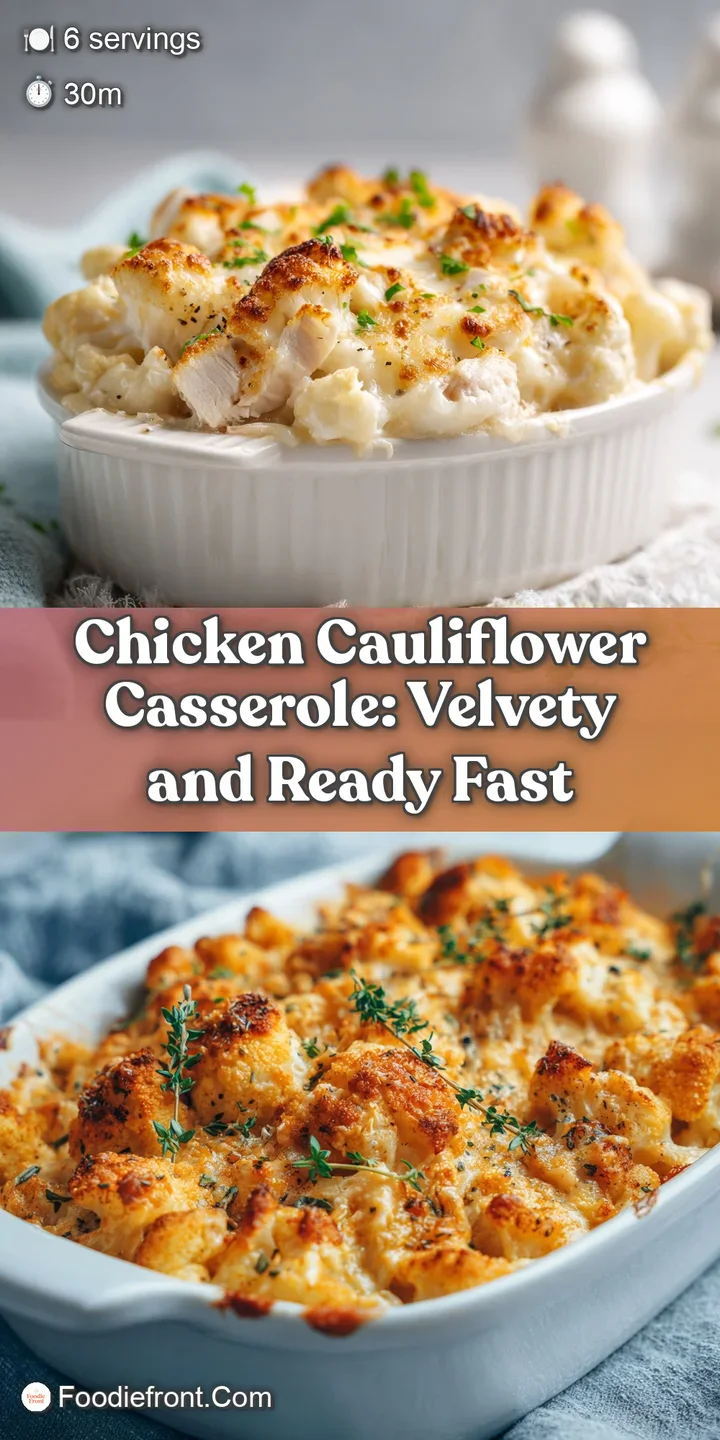 Close-up of a bubbling, cheesy casserole. Golden-brown, melted cheese stretches over tender chicken and soft, slightly bro...