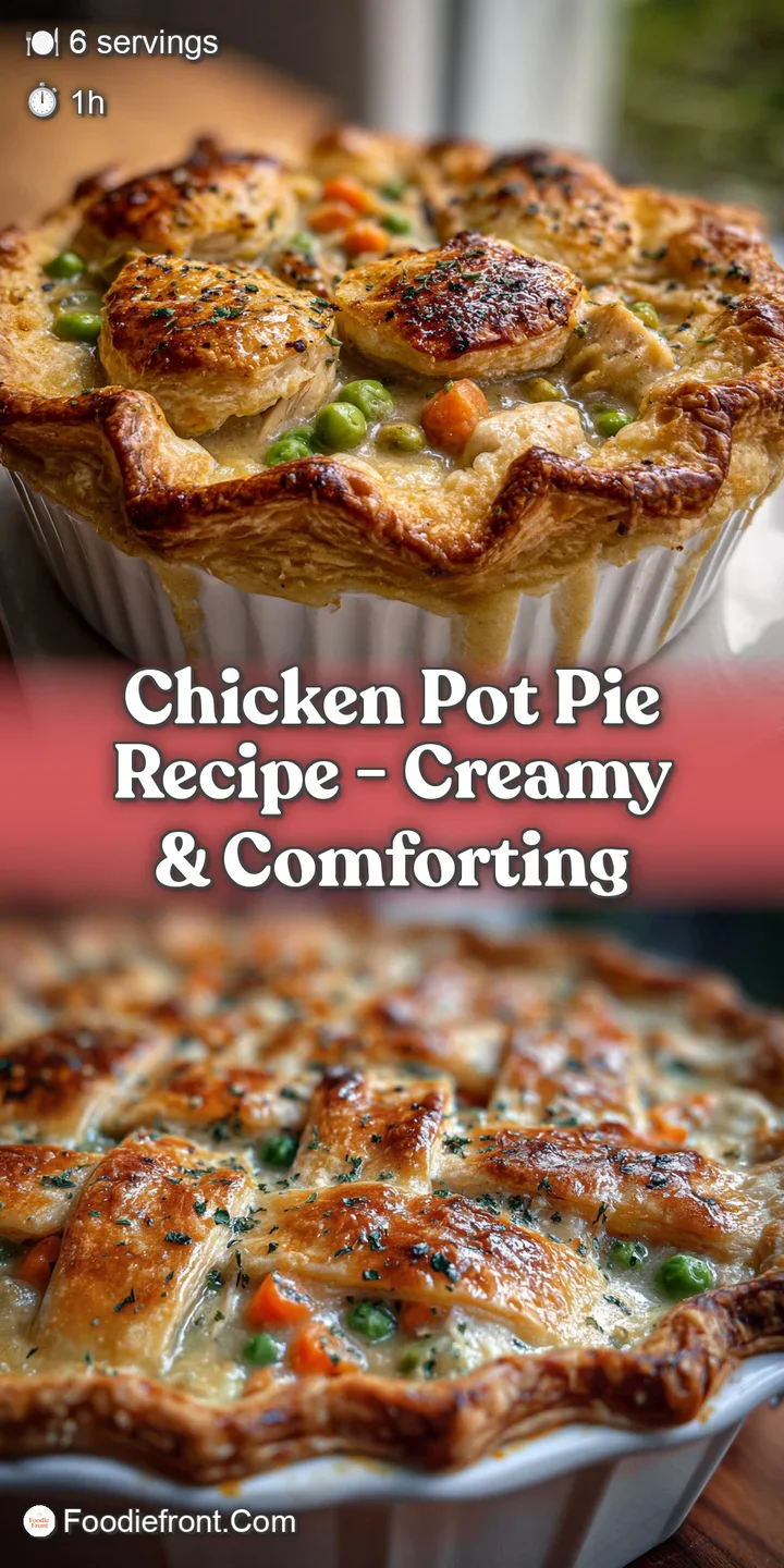 Creamy, bubbling chicken pot pie filling peeking through a golden, cracked crust, hints of carrots and peas visible.