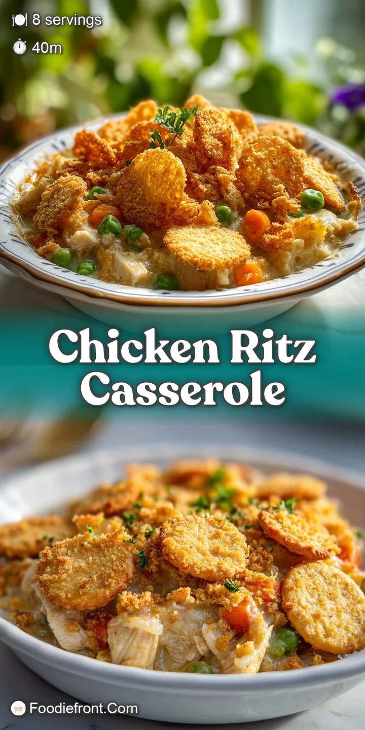 Close-up of a bubbly chicken casserole with a golden-brown, crunchy Ritz cracker topping. Hints of creamy sauce peek through.
