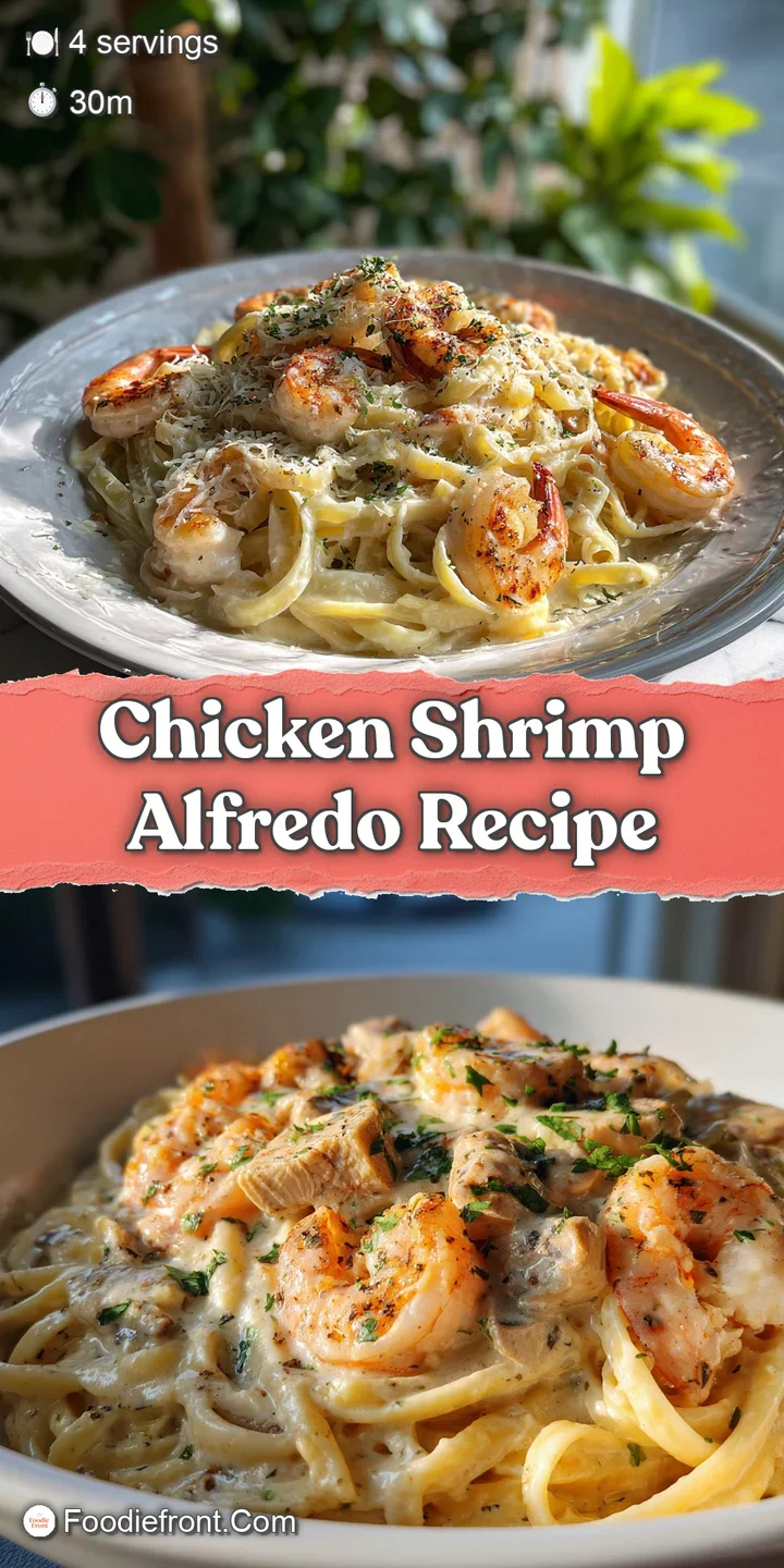 Close-up reveals al dente pasta coated in rich Alfredo sauce, highlighting succulent shrimp and savory chicken with browne...