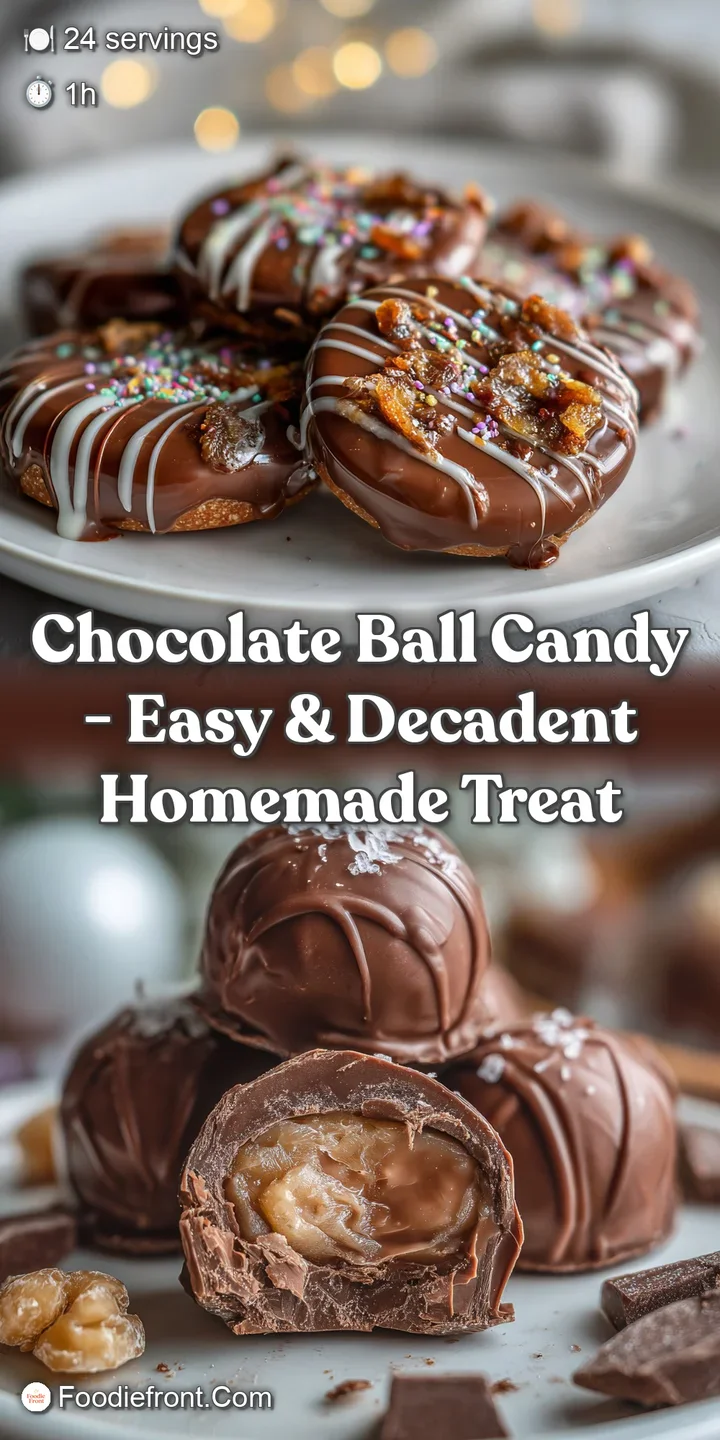 Up-close, a crack reveals the creamy ganache center of a dark chocolate ball, contrasting with the brittle, crisp chocolat...