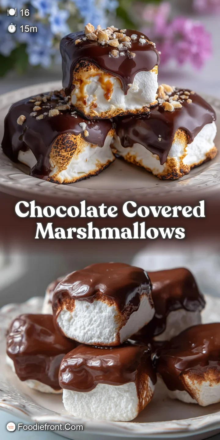 Close-up of a rich, dark chocolate covered marshmallow, showcasing the smooth chocolate and fluffy white interior.