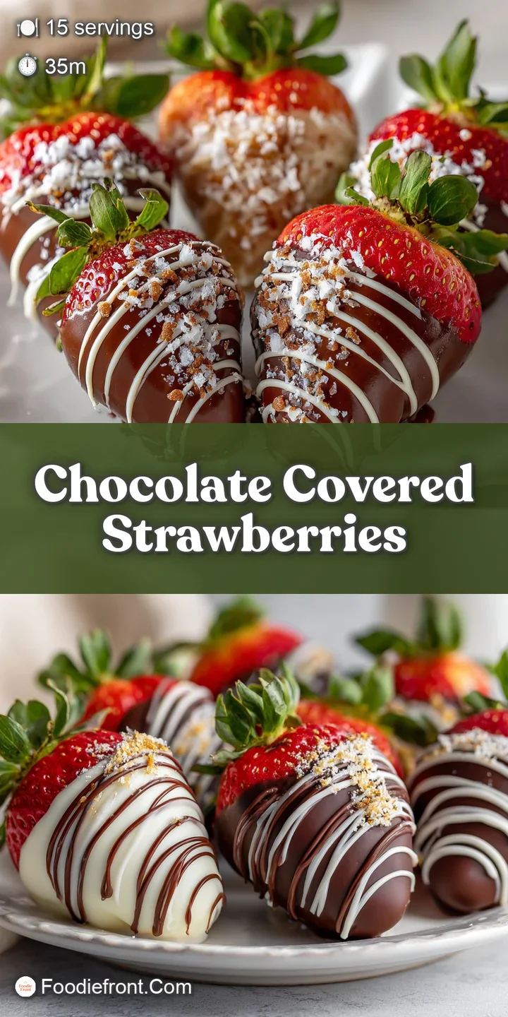 Close-up reveals a perfectly dipped strawberry with a smooth, crackling dark chocolate shell. Sweet berry visible within.