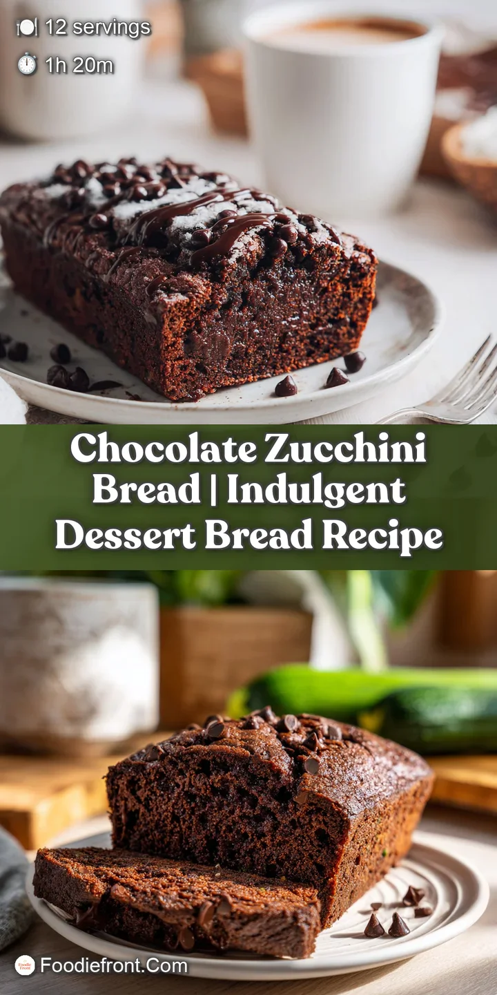 Close-up of a moist, dark chocolate bread slice revealing tender crumb and tiny green zucchini flecks against a light back...