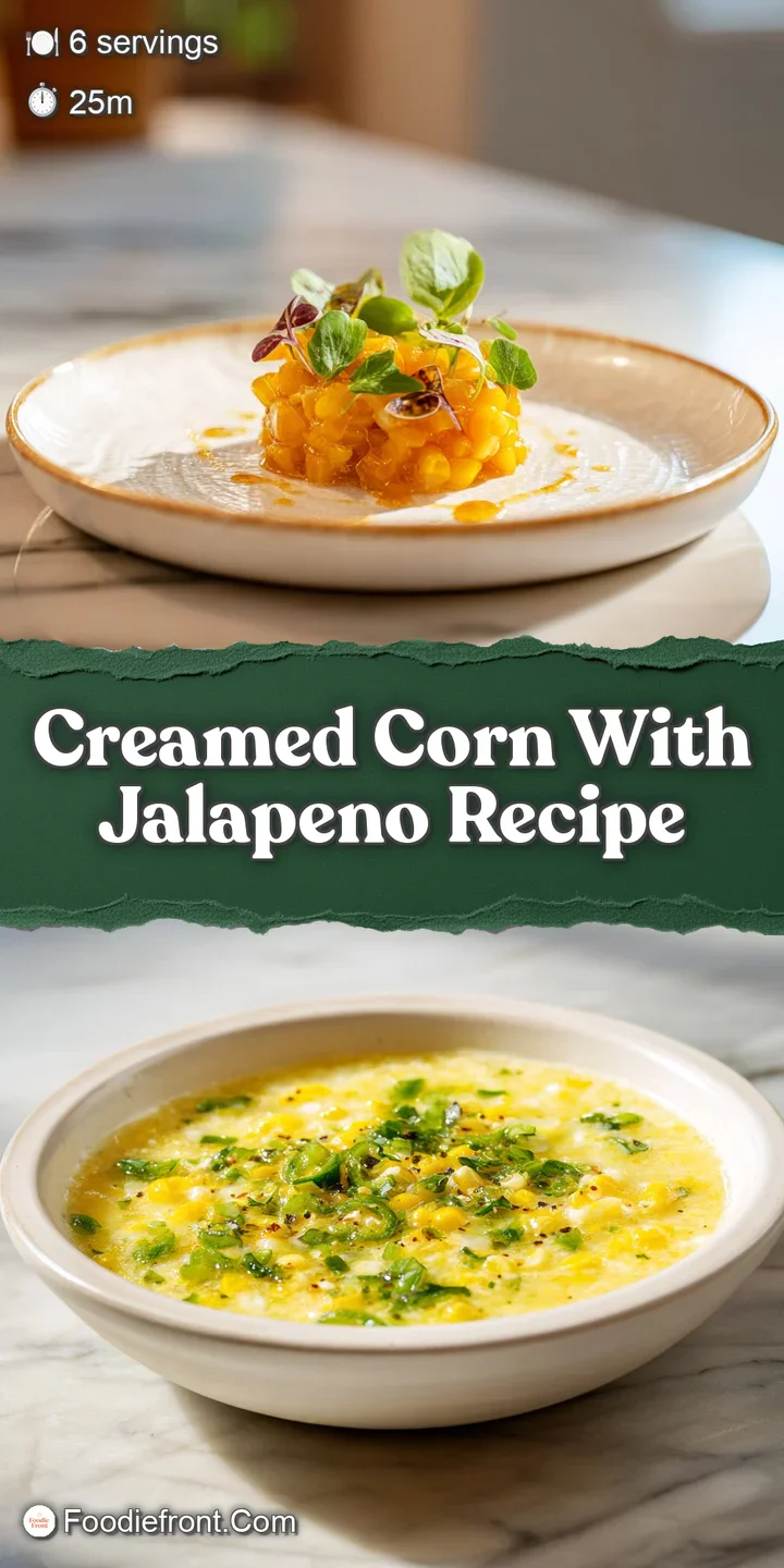 Close-up of glistening, creamy yellow corn with pops of bright green jalapeno. Visible steam suggests warm, comforting fla...