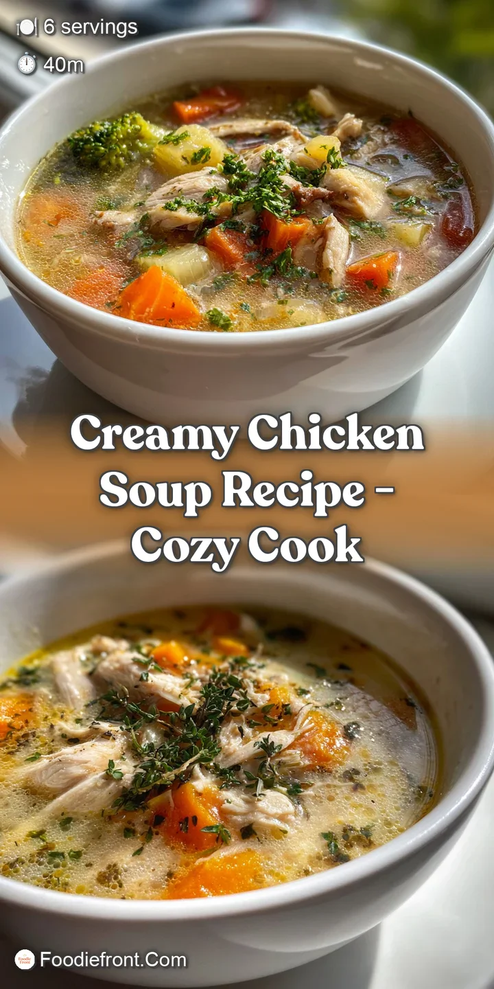 Close-up reveals tender chicken pieces and soft vegetables swimming in a thick, ivory broth. Glistening droplets hint at s...