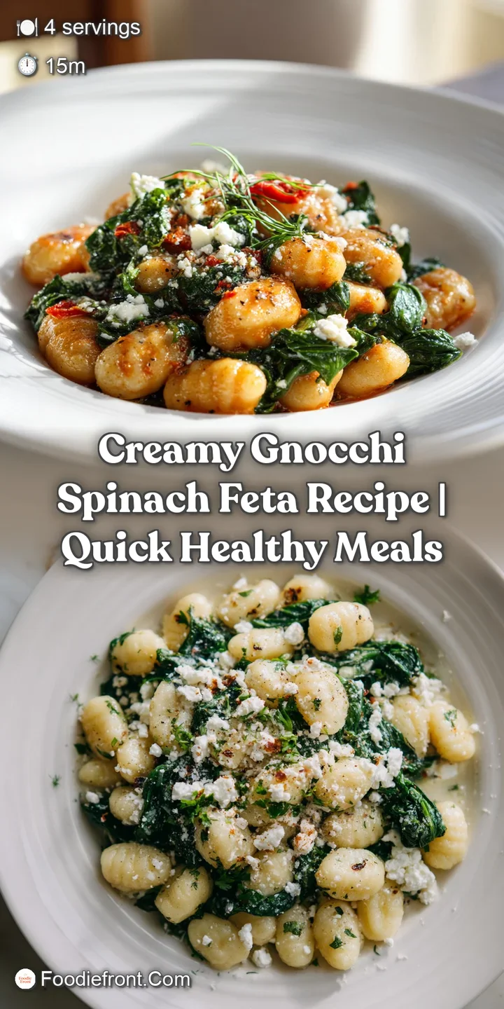 Close-up of tender gnocchi coated in luscious cream sauce, studded with wilted spinach and creamy feta.
