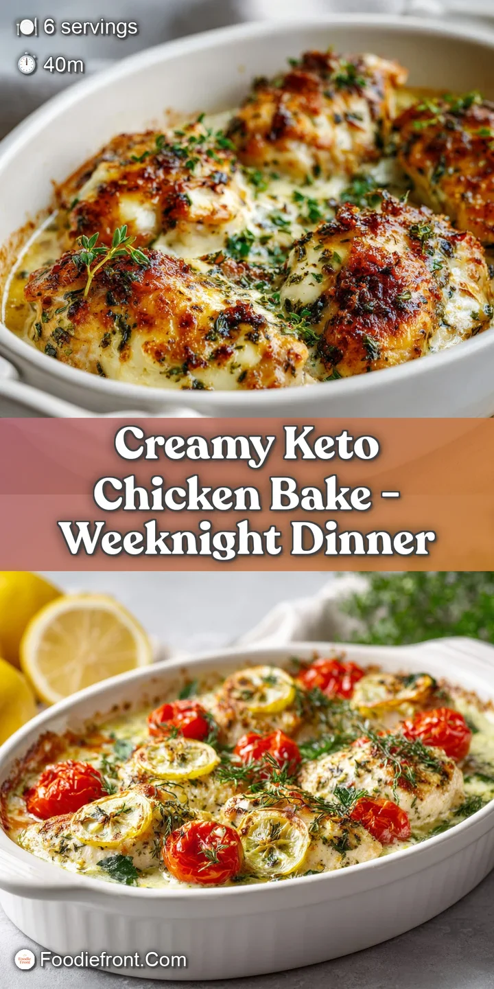 Close-up of a cheesy, creamy keto chicken bake. Bubbling sauce with browned cheese creates a tempting and comforting dish.