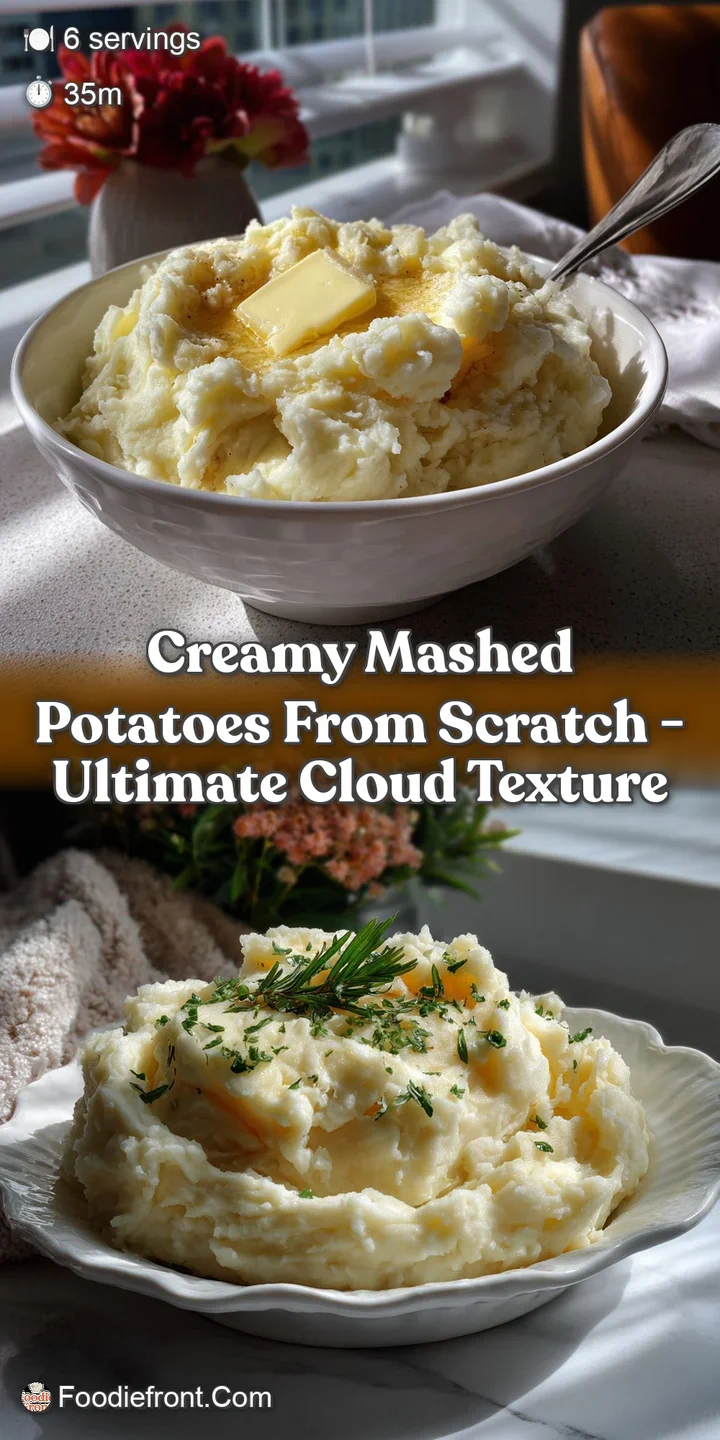 A close-up of incredibly creamy mashed potatoes, revealing a velvety texture with subtle steam. Warm white, promising comf...
