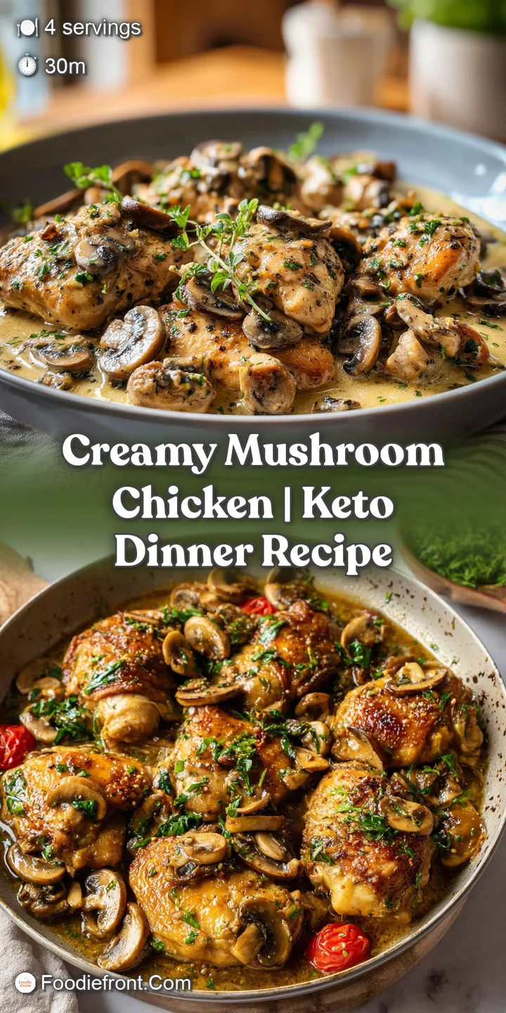 Close-up of succulent chicken pieces coated in a glistening, earthy mushroom cream sauce.