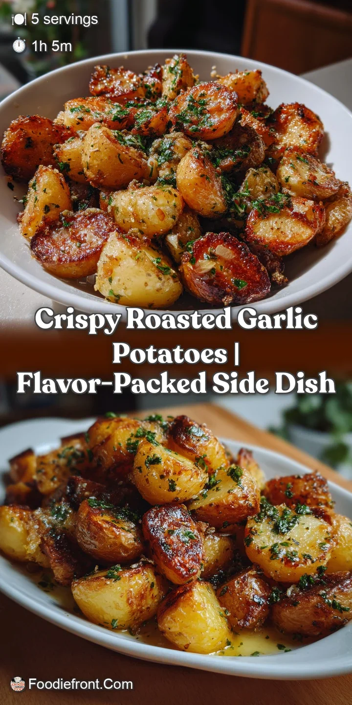 Close-up of bubbling, crispy potato edges with a rich, caramelized surface; the aroma of roasted garlic is almost palpable.