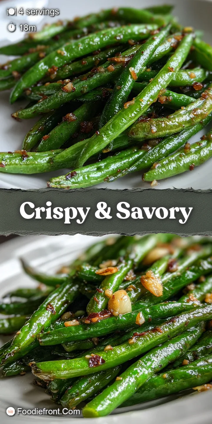 Close-up of tender-crisp green beans glistening with oil and flecks of garlic. A sprinkle of pepper adds visual texture an...
