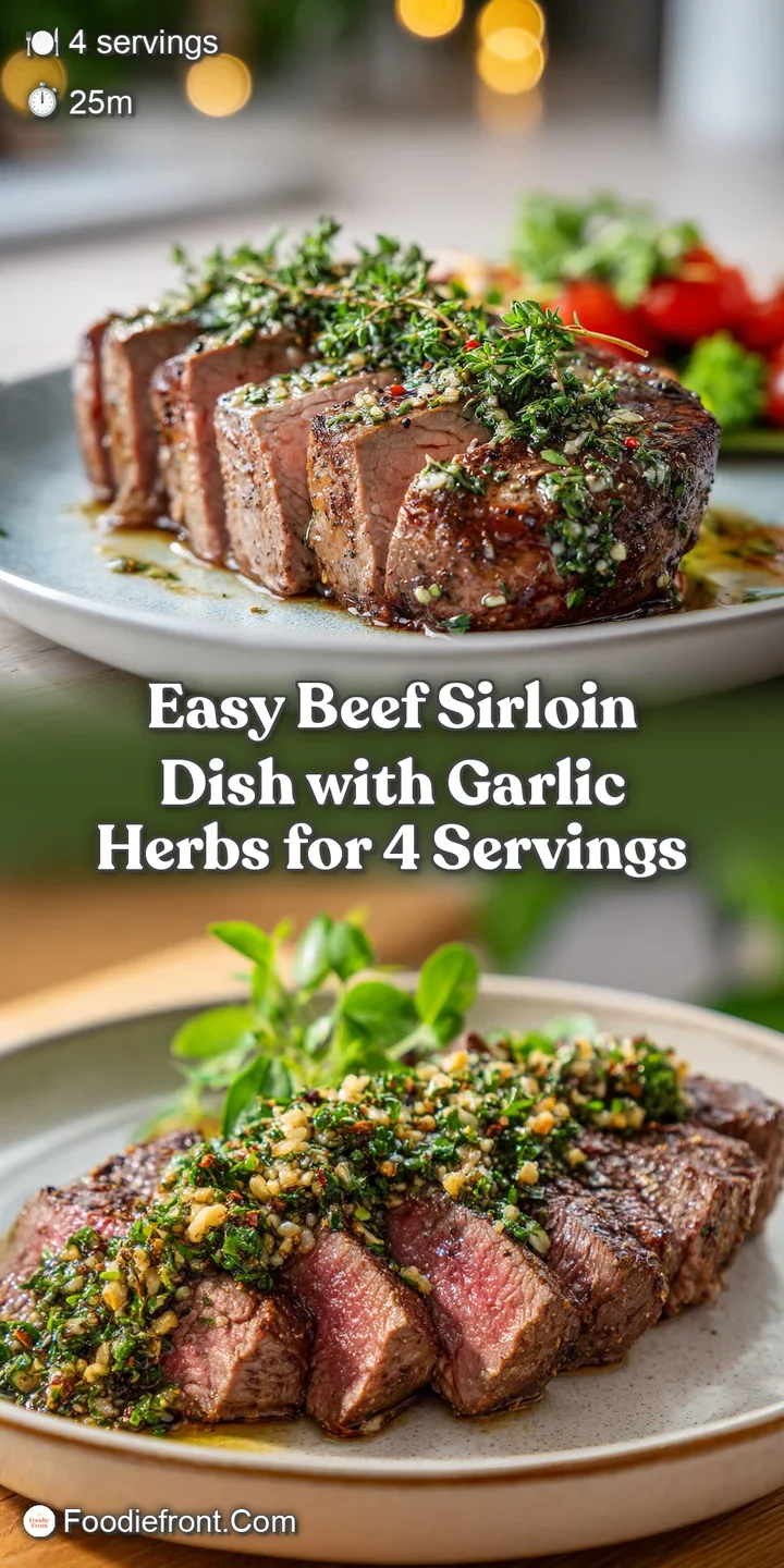 Close-up of sliced sirloin, showcasing the herb & garlic crust, capturing the juicy texture, and golden-brown sear of the ...