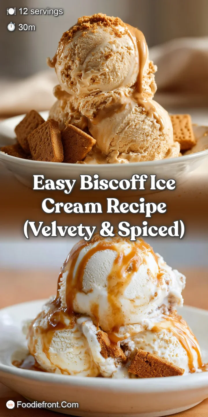 Close-up of Biscoff ice cream, highlighting the smooth texture and swirls, with tiny, crunchy Biscoff pieces scattered wit...