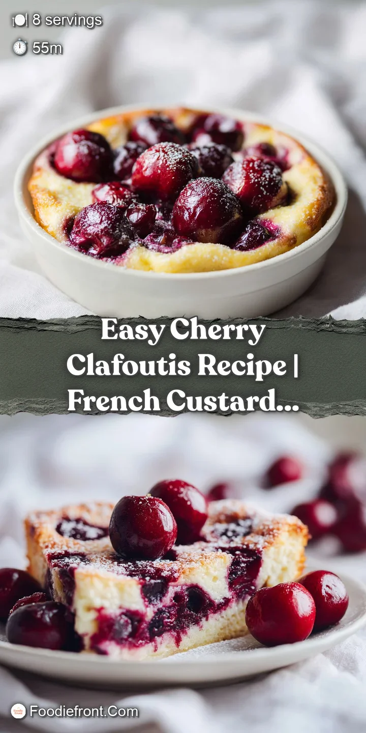 Close-up of a freshly baked cherry clafoutis, the sweet, soft custard studded with vibrant red cherries. Lightly browned e...