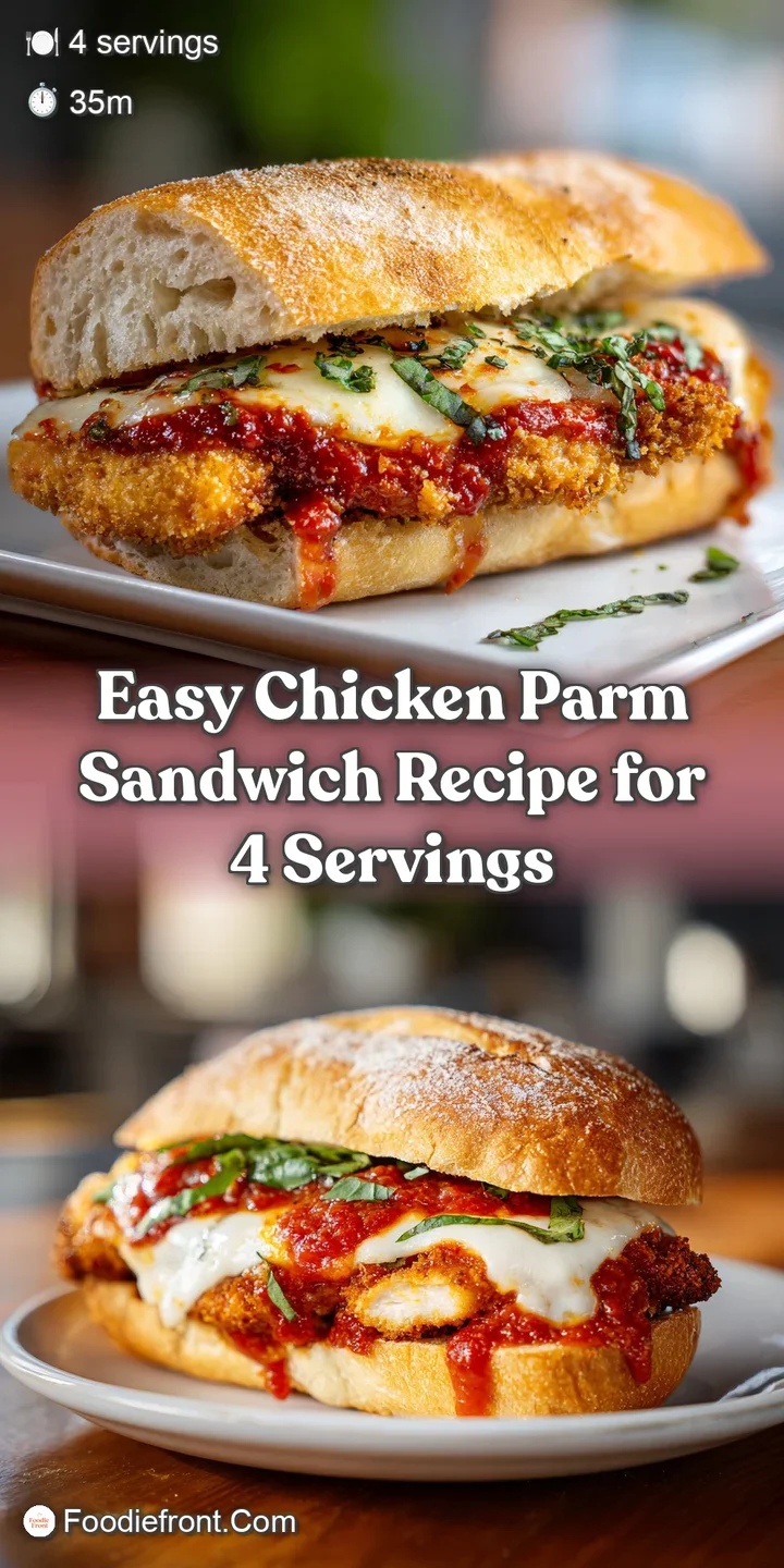 Close-up of chicken parmesan sandwich; crispy breading, melted mozzarella browned, red sauce peeking, oozing with savory d...