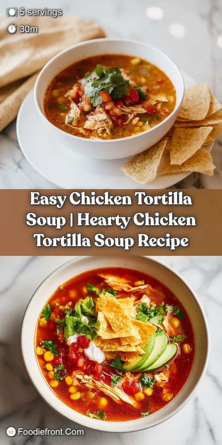 Warming bowl of chicken tortilla soup, rich with shredded chicken, black beans, and topped with a bright green avocado crema.