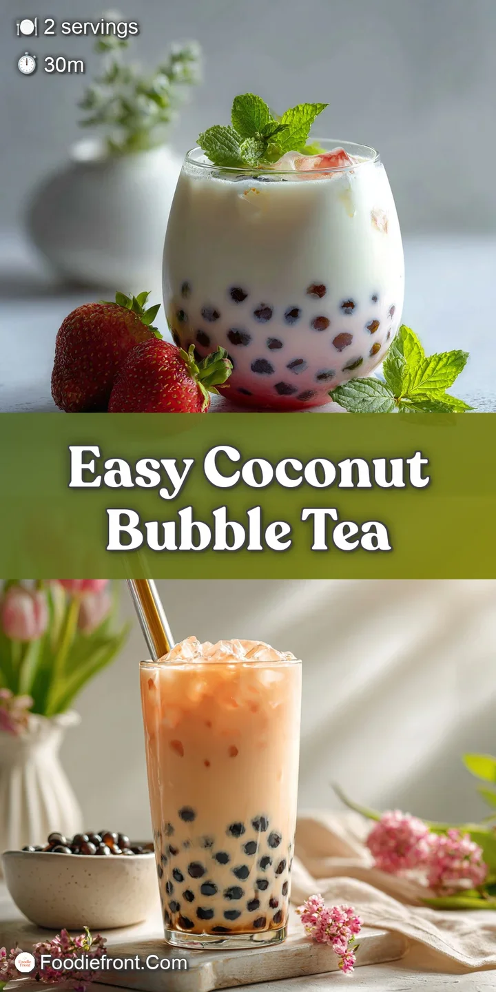 Close-up of a refreshing coconut bubble tea: dark, chewy tapioca pearls swirled in cool, creamy coconut milk, ready to drink.