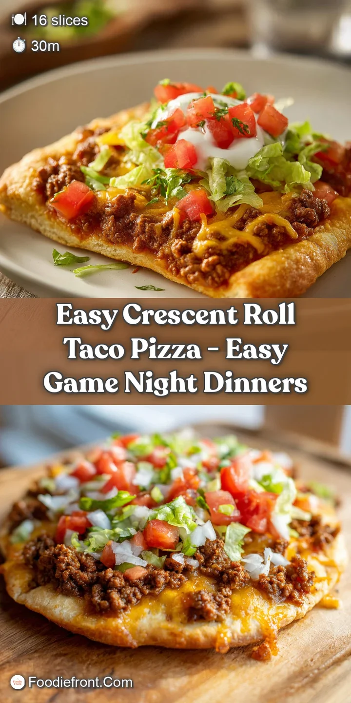 A close-up of gooey, melted cheese stretching over seasoned taco meat and crisp vegetables on a flaky crust.