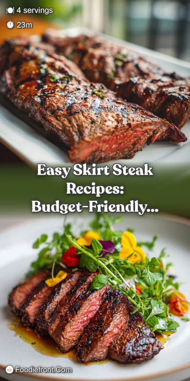 Close-up of juicy, glistening skirt steak, charred edges, and speckled with fresh herbs and vibrant green chimichurri sauc...