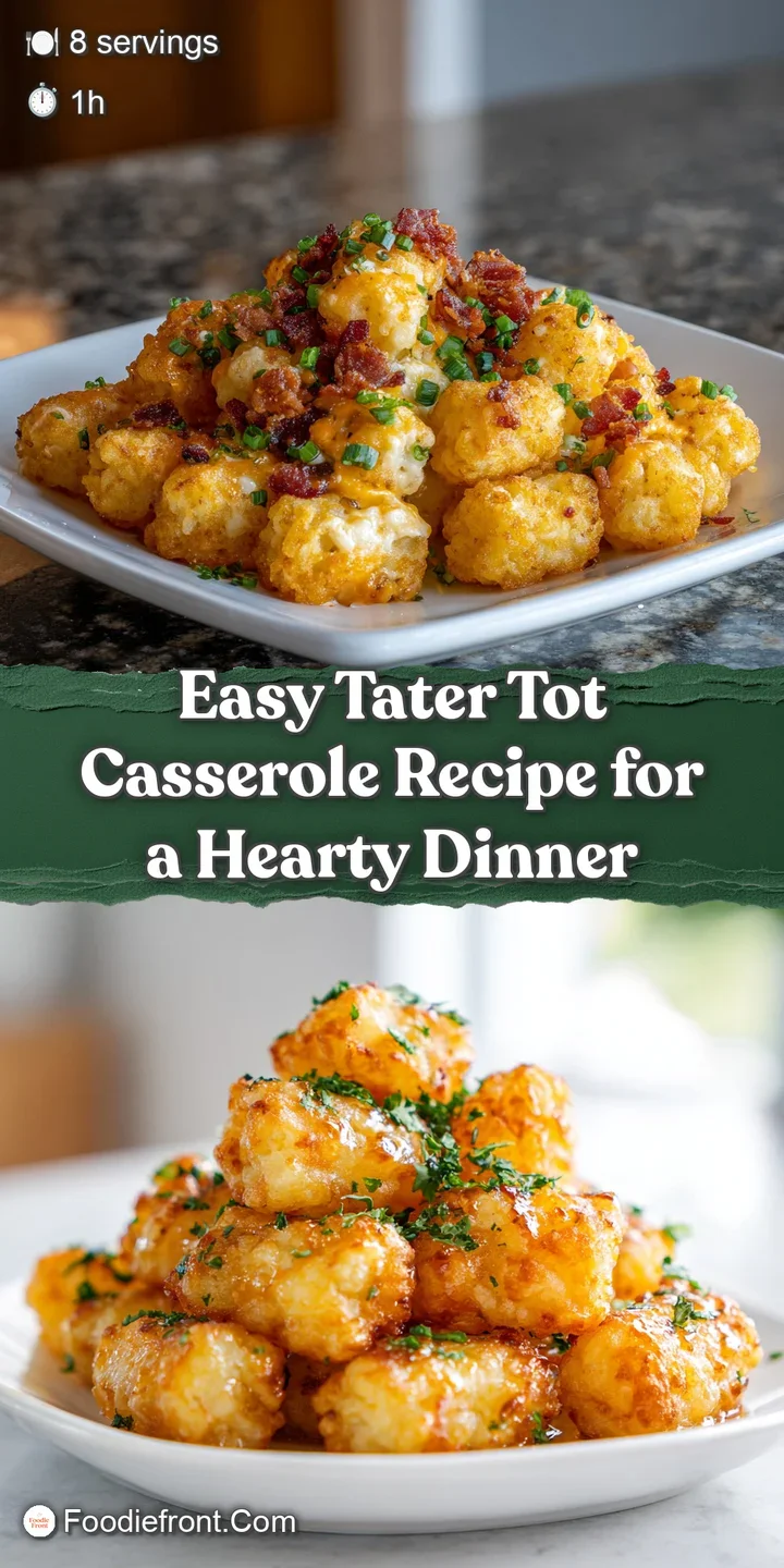 Up-close view of a warm, savory tater tot casserole, highlighting the crispy tots and creamy filling, steaming and ready t...