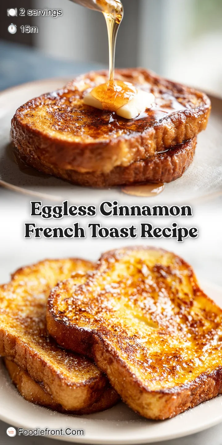 Close-up of eggless French toast, showing soft texture and glistening syrup. Cinnamon swirls are visible.