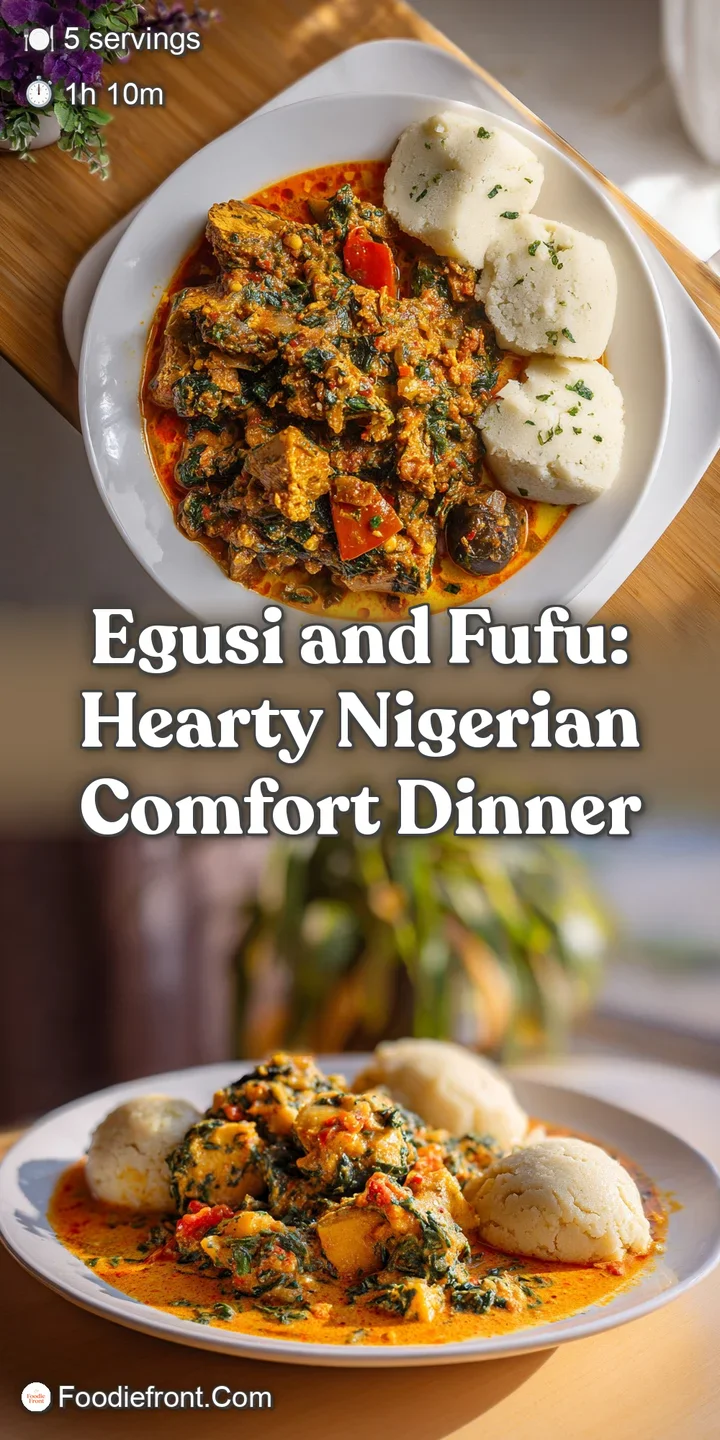 Close-up reveals the thick, stew-like texture of egusi, dotted with spinach and peppers; steam rises, hinting at savory wa...