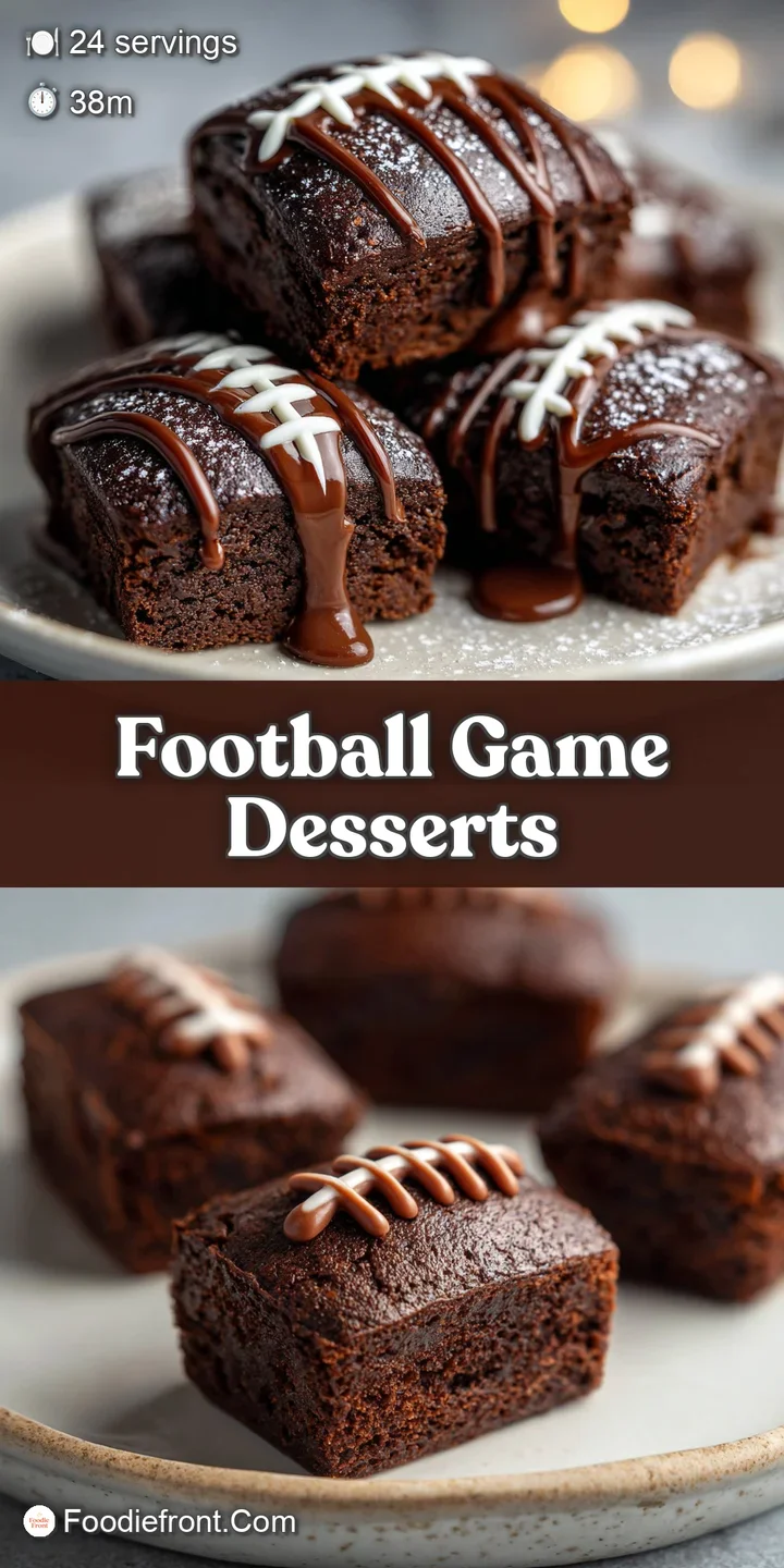 Close-up of a rich, dark chocolate brownie football with intricate white icing, showcasing its soft, chewy texture and dec...