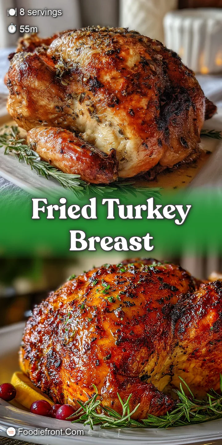 Close-up shows the glistening, crispy, golden-brown crust of fried turkey breast. Hints of herbs show in the breading.