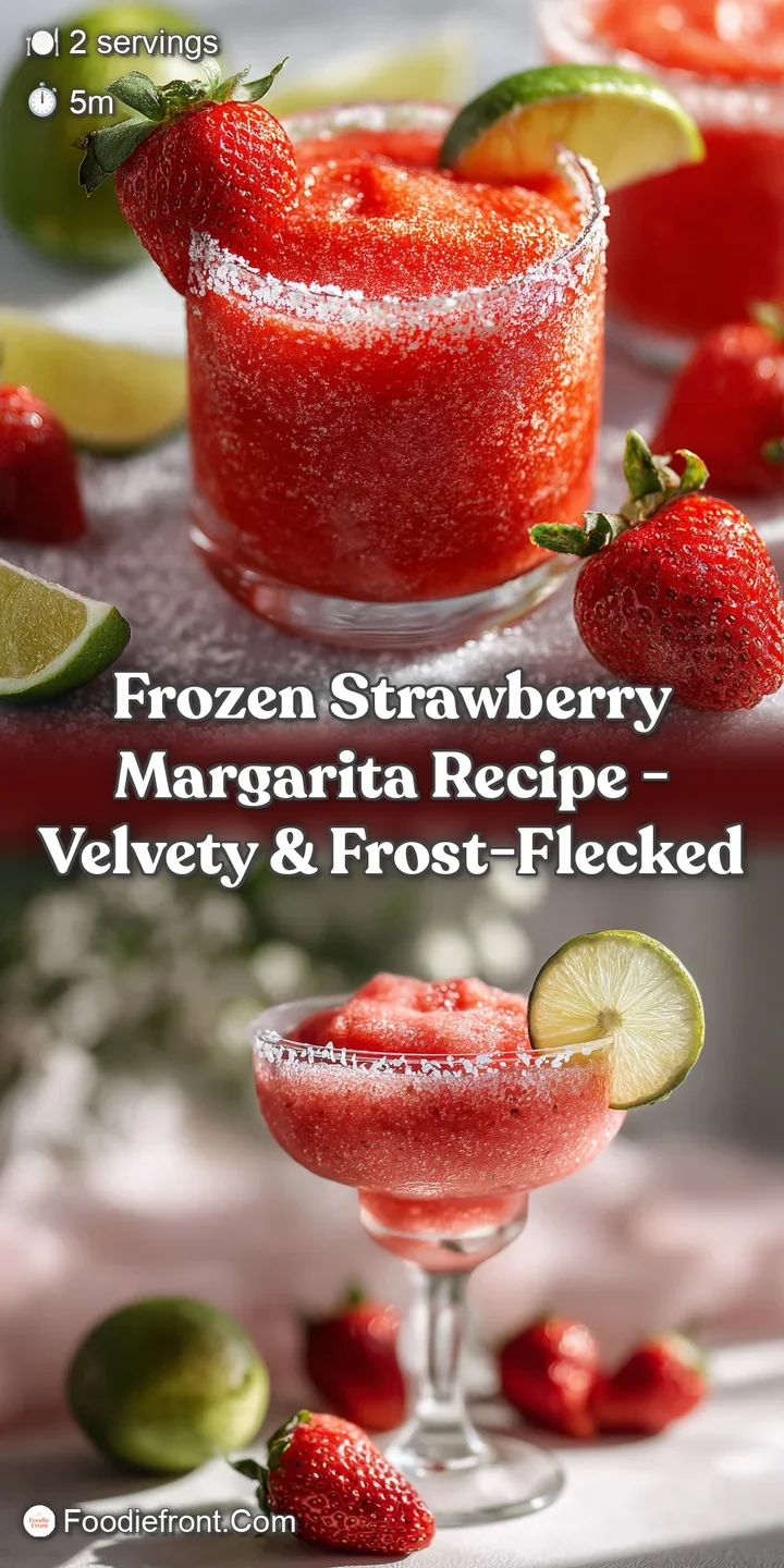 Close-up of a frozen strawberry margarita: icy, blush-pink texture with visible strawberry seeds. Sugared rim glistens, hi...