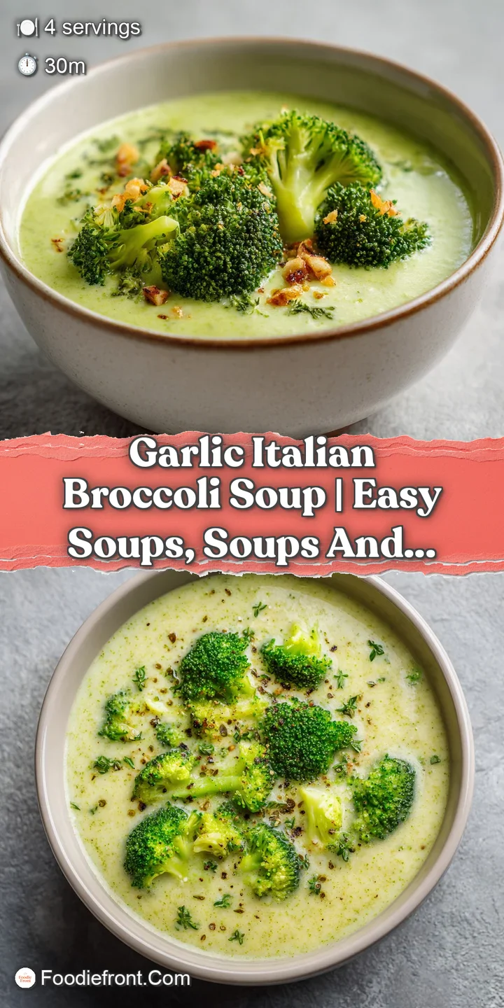 A close-up reveals tender broccoli pieces in a rich, velvety broth, glistening with oil.