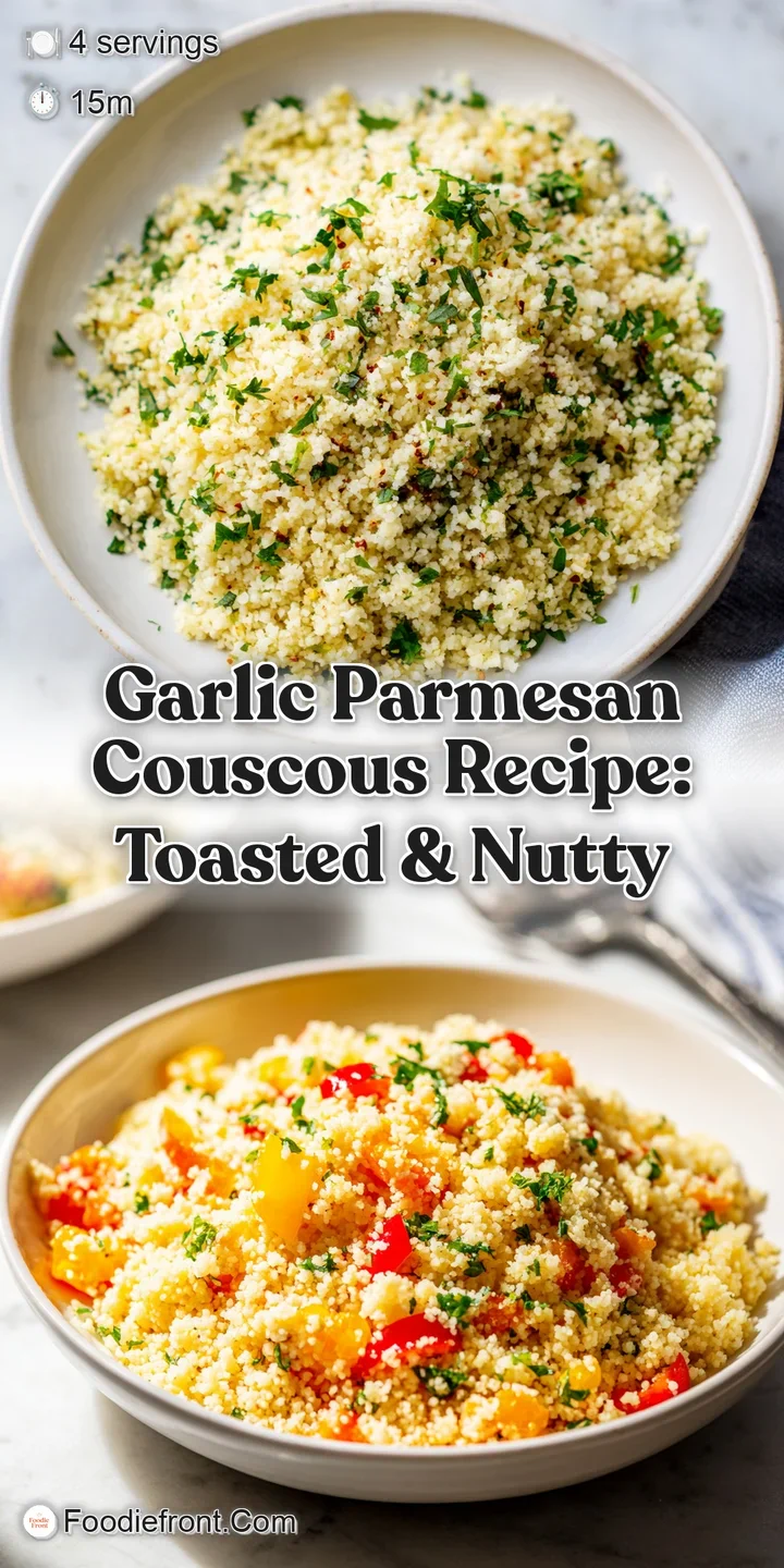 Close-up on the creamy couscous. Garlic and parmesan cling to each grain in an appetizing, flavorful swirl. Delicious!