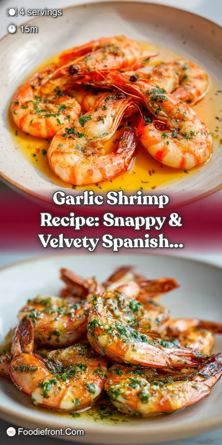 Close-up of plump, juicy shrimp bathed in a golden garlic sauce, flecked with vibrant red pepper flakes and fresh green pa...