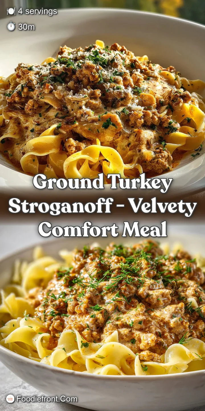 Close-up of a rich, savory stroganoff. Ground turkey and mushrooms simmer in a creamy sauce, with visible textures and a t...