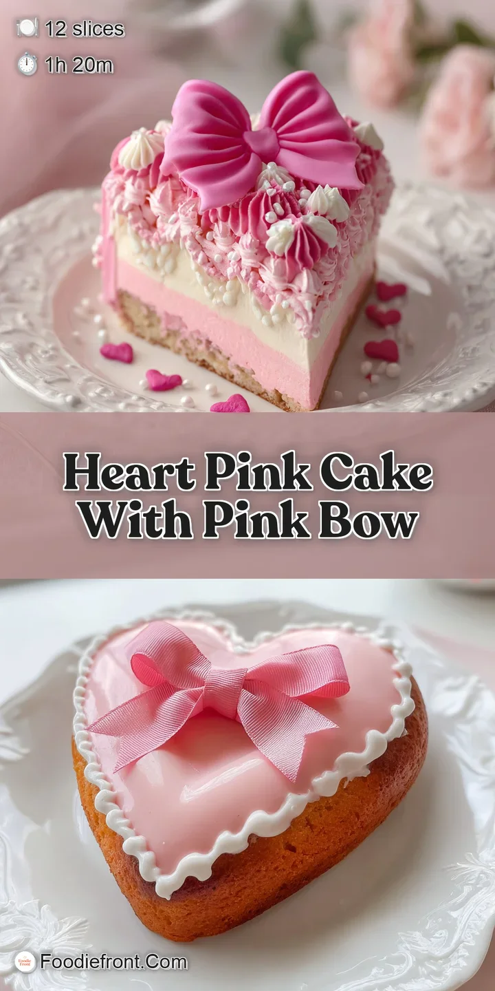 Close-up of the heart cake shows tender crumb & smooth frosting, saturated pink, satin bow adding texture.