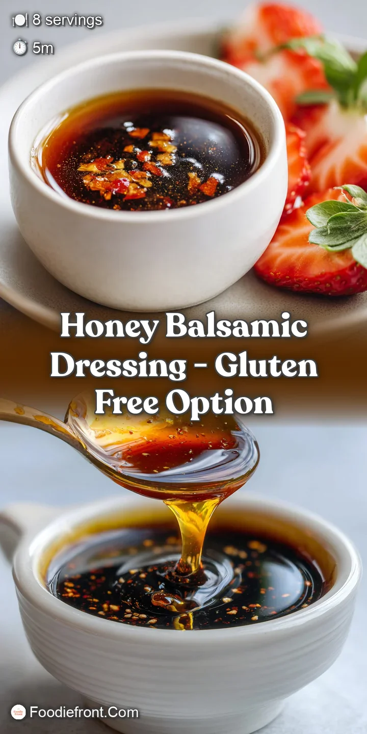Close-up of thick, syrupy honey balsamic dressing clinging to a metal spoon, showcasing its rich, deep color and smooth te...
