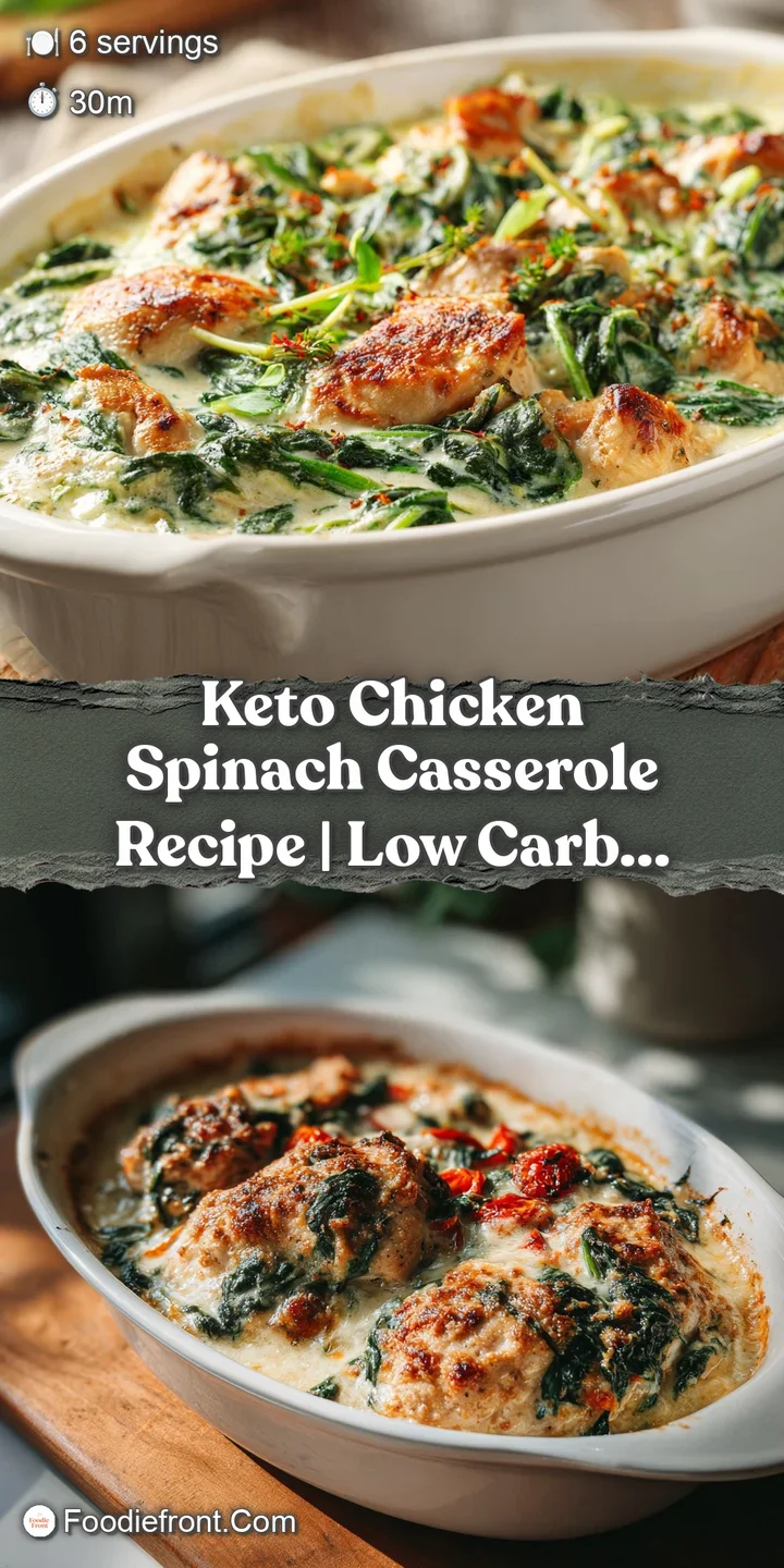 Close-up of a creamy baked casserole, showing fluffy chicken and wilted spinach with a cheesy crust.